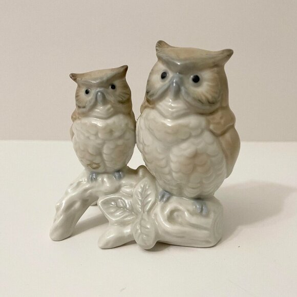 Vintage Porcelain Otagiri Japan Owls Sitting On A Tree Branch Figurine Chipped - Picture 1 of 16